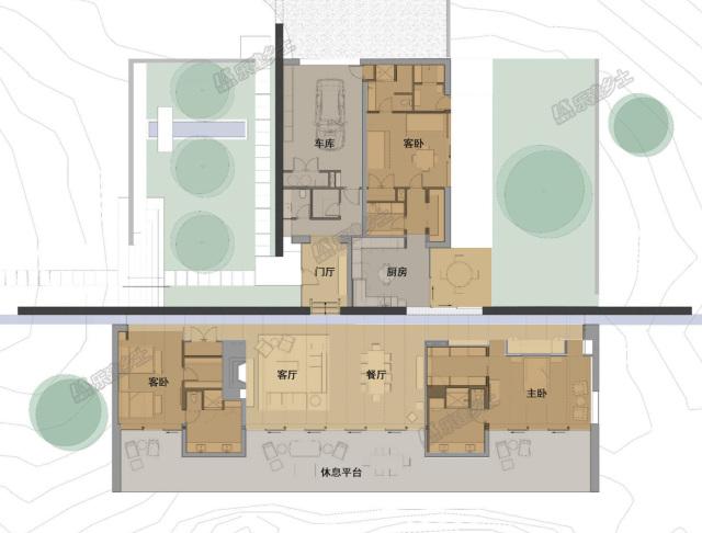 一層現(xiàn)代風格山間別墅，兩面混凝土墻壁打開整個建筑空間