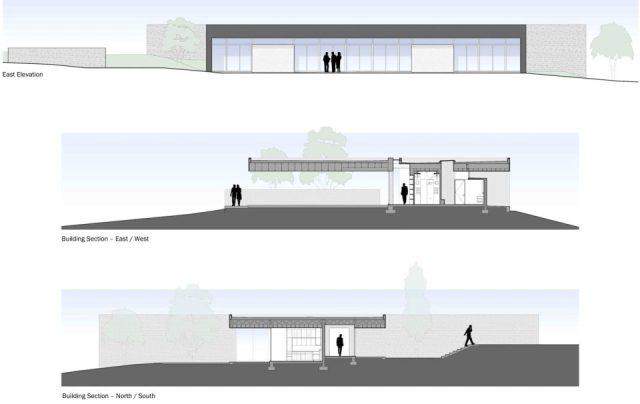 一層現(xiàn)代風格山間別墅，兩面混凝土墻壁打開整個建筑空間