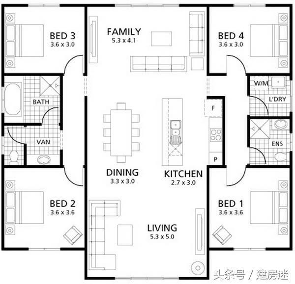 農(nóng)村一層房屋設(shè)計圖12米X12米美式大平層房屋設(shè)計圖帶裝修圖片
