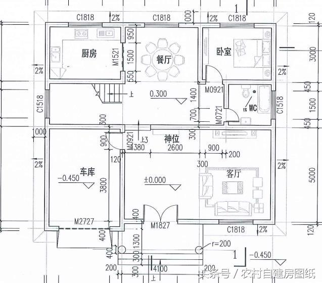 120平二層農(nóng)村自建樓戶型圖，帶車(chē)庫(kù)和神位
