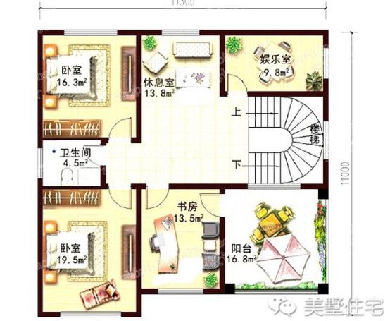 11x11米歐式三層小別墅戶型圖，3種外觀配色，各有千秋