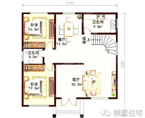 11x11米歐式三層小別墅戶型圖，3種外觀配色，各有千秋