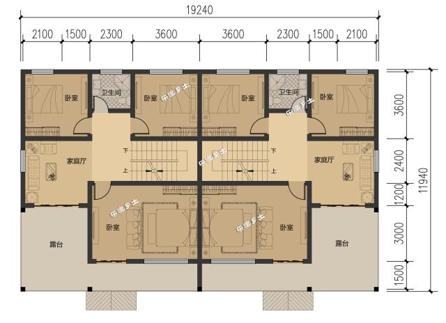 19.2x11.9米農(nóng)村二層簡歐雙拼別墅，大露臺+車庫