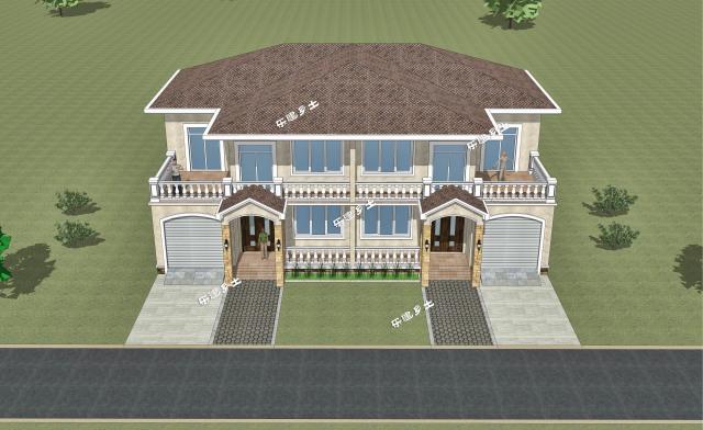 19.2x11.9米農(nóng)村二層簡歐雙拼別墅，大露臺+車庫