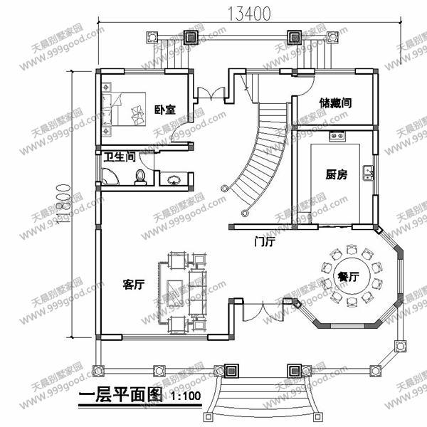 農(nóng)村別墅設(shè)計圖，13.4X11.8米挑空，剛陽美中的曲線美！