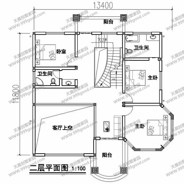農(nóng)村別墅設(shè)計圖，13.4X11.8米挑空，剛陽美中的曲線美！