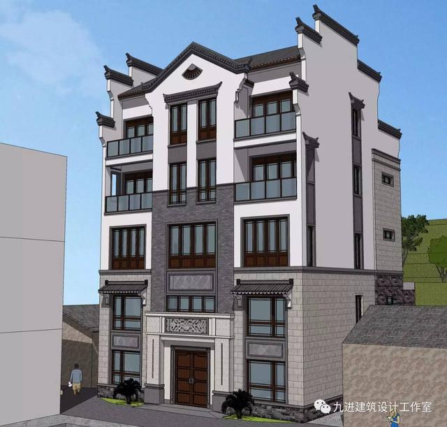 隱在山嶺川谷之中的徽式新民宅，雙大門高低層豪華休閑別墅