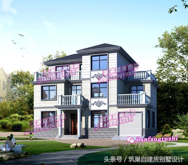 帶車庫磚混結(jié)構(gòu)三層農(nóng)村自建房別墅效果圖建筑圖，戶型簡約不簡單