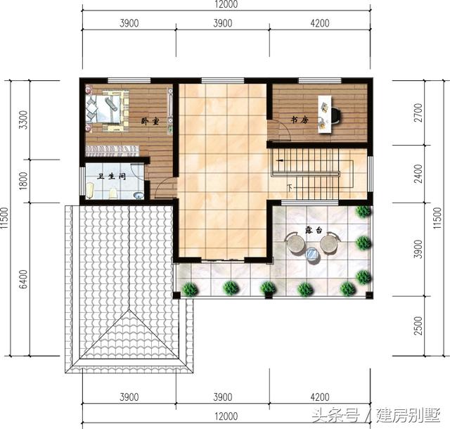 開間12，進深11.5兩層半別墅圖紙，有書房還有大露臺