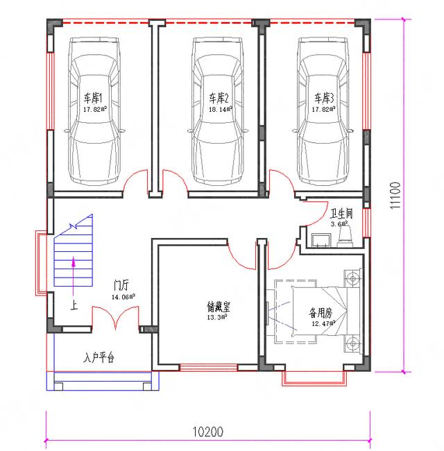 帶玻璃花房矮層車庫三層別墅圖紙10.2*11.1，功能齊全，主體造價30萬左右