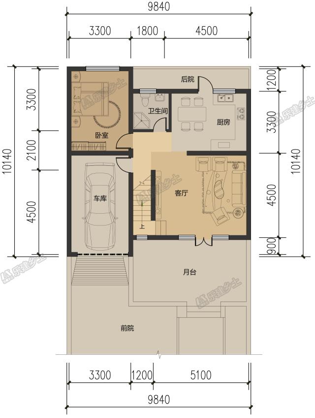 10米開間，客廳側(cè)布置一跑樓梯平面設(shè)計(jì)，五套方案供您選擇