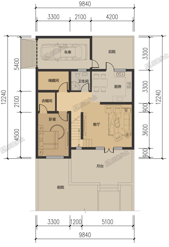 10米開間，客廳側(cè)布置一跑樓梯平面設(shè)計(jì)，五套方案供您選擇