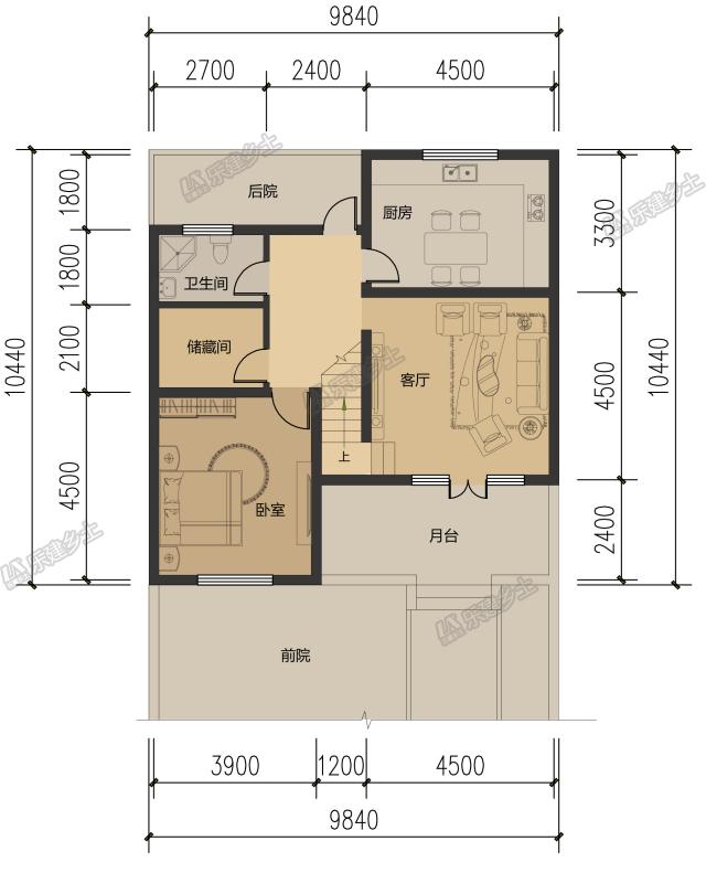 10米開間，客廳側(cè)布置一跑樓梯平面設(shè)計(jì)，五套方案供您選擇