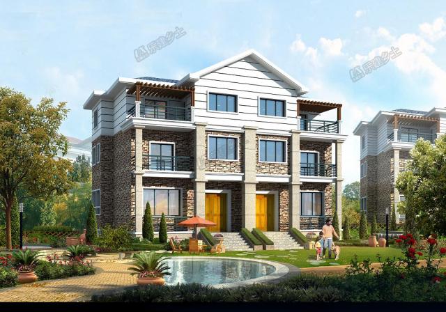 18x11米三層簡歐雙拼別墅，內(nèi)部完全對稱，外觀整體感強