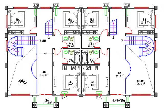 三層復(fù)式雙拼農(nóng)村別墅全套施工圖85萬22×13，單戶有2廳6室5衛(wèi)