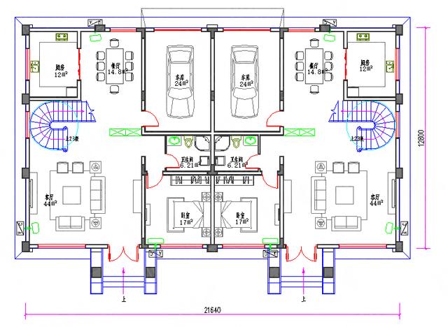 三層復(fù)式雙拼農(nóng)村別墅全套施工圖85萬22×13，單戶有2廳6室5衛(wèi)
