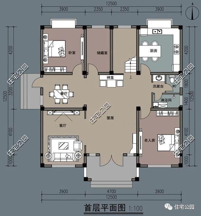 四層雙拼農(nóng)村別墅設計圖12.5x12.5米，內(nèi)設堂屋老人房影音室，外觀精致又大氣