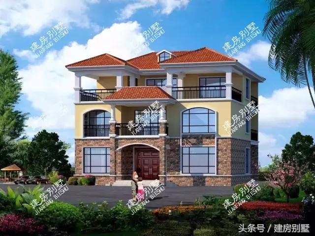 13.2×15.1米三層農(nóng)村別墅，真石漆搭配文化石，經(jīng)濟又美觀