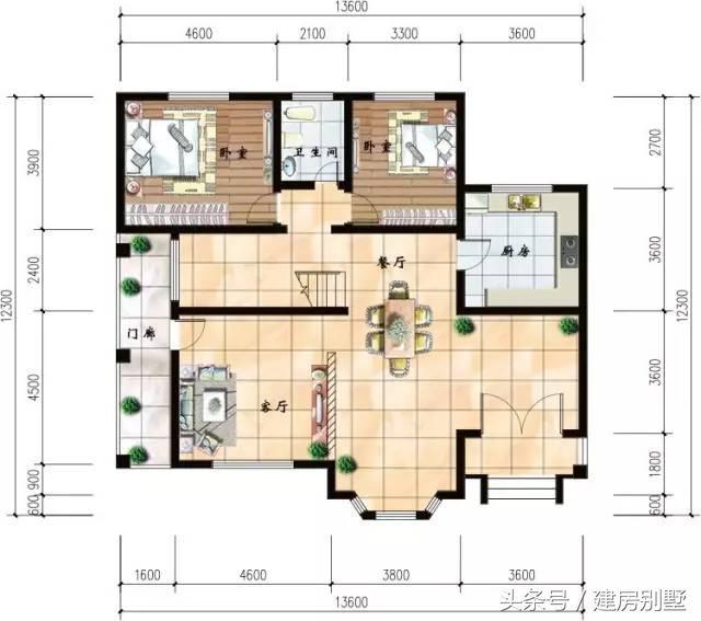 13.6×12.3米兩層農(nóng)村別墅，帶飄窗還有門(mén)廊