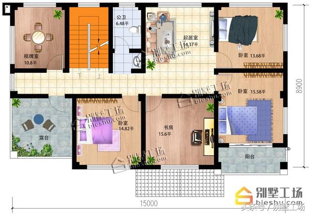 二層簡(jiǎn)歐風(fēng)格的別墅設(shè)計(jì)圖紙，15X8.9m大面寬小進(jìn)深，功能齊全帶堂屋開放式餐廳