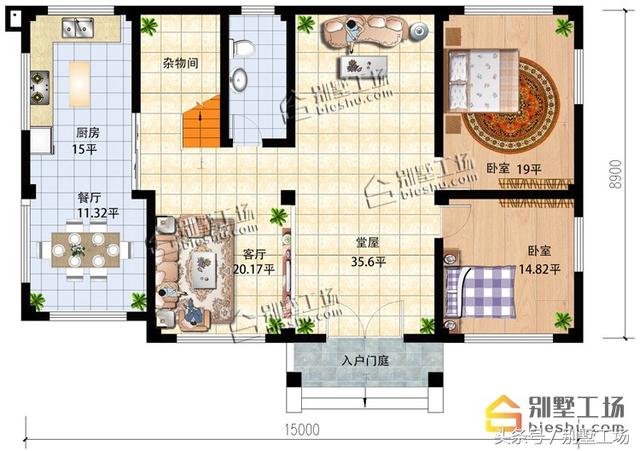 二層簡(jiǎn)歐風(fēng)格的別墅設(shè)計(jì)圖紙，15X8.9m大面寬小進(jìn)深，功能齊全帶堂屋開放式餐廳
