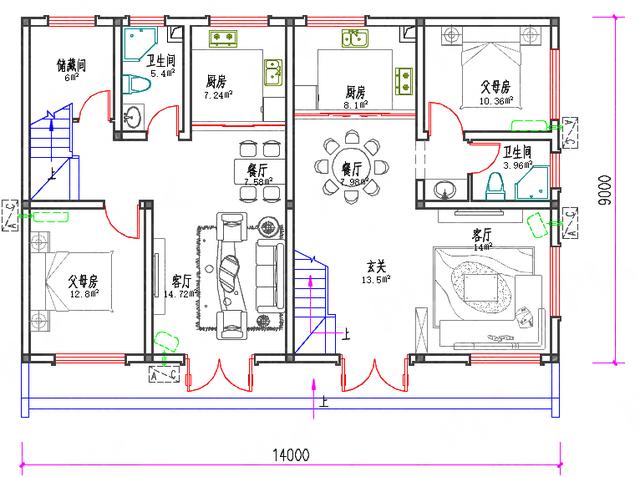 14×9磚混結(jié)構(gòu)二層雙拼農(nóng)村別墅圖，單戶有1廳4臥