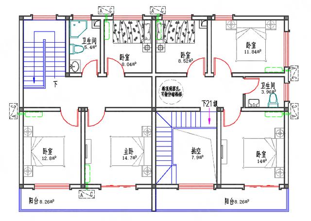 14×9磚混結(jié)構(gòu)二層雙拼農(nóng)村別墅圖，單戶有1廳4臥