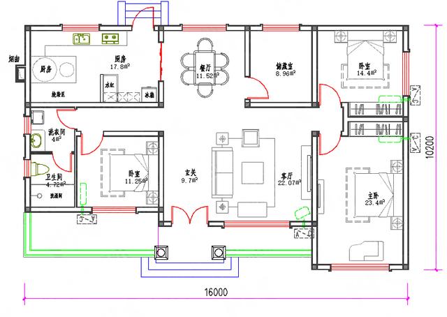 15萬140㎡1廳3臥一層帶走廊農村自建房建筑結構水電全套施工圖
