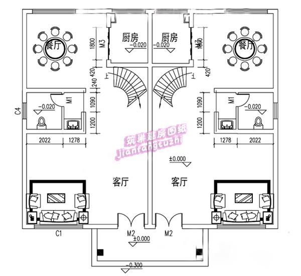 二層農(nóng)村雙拼別墅設(shè)計(jì)圖，14x12米，單戶90平米左右。