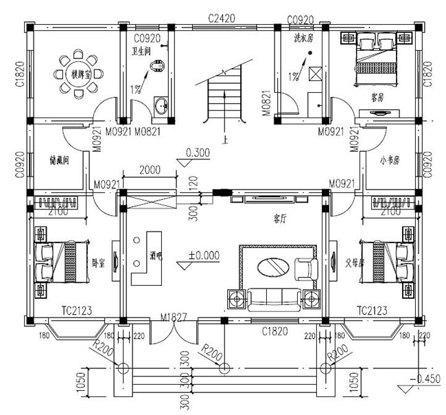 兄弟倆二層雙拼別墅設計圖紙，一層共用，設計新穎