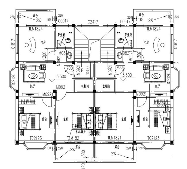 兄弟倆二層雙拼別墅設計圖紙，一層共用，設計新穎