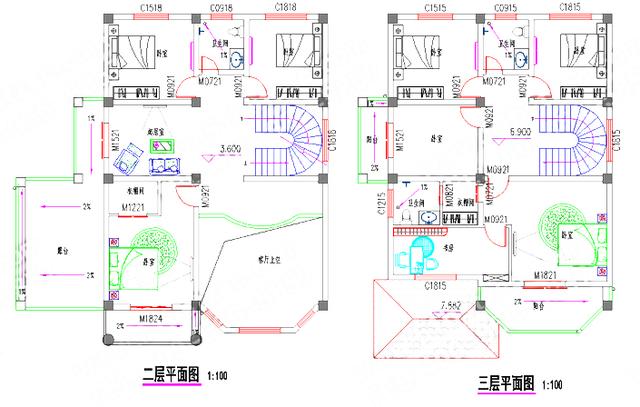 復式三層帶車庫豪華套間別墅設計圖，150㎡2廳8室。