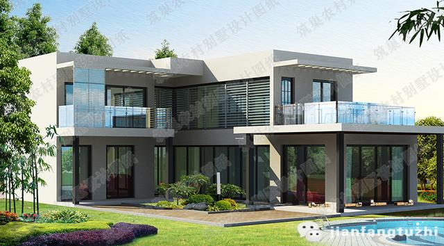 現(xiàn)代L型二層別墅設(shè)計圖，150㎡帶觀景走廊茶室豪華套房，設(shè)計新穎美觀。