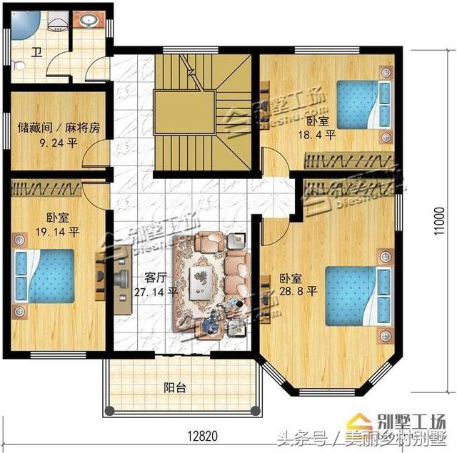 農(nóng)村三層別墅，帶堂屋，12.82X12.4m造價(jià)27萬，外觀經(jīng)典大氣。