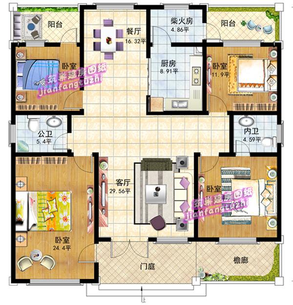 一層農(nóng)村別墅設(shè)計圖，2廳4臥，造價15萬，經(jīng)濟實用。