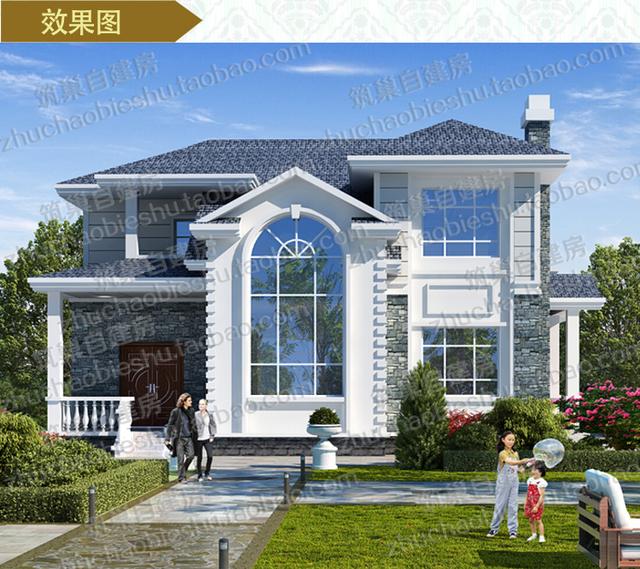 二層別墅設計圖，1廳5臥，造價30萬，挑空客廳+套房。