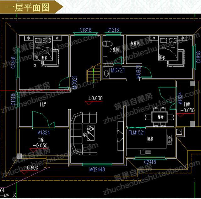 二層別墅設計圖，1廳5臥，造價30萬，挑空客廳+套房。
