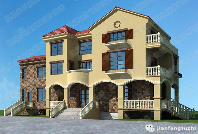 三層西班牙風(fēng)格別墅設(shè)計(jì)圖，3廳9臥帶地下車庫+套房，占地160㎡，造價(jià)60萬