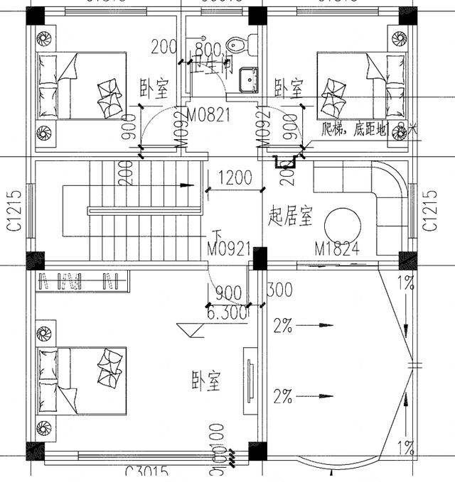 小戶型三層自建房設(shè)計(jì)圖，3廳7臥帶挑空客廳，色調(diào)協(xié)調(diào)，精致小巧