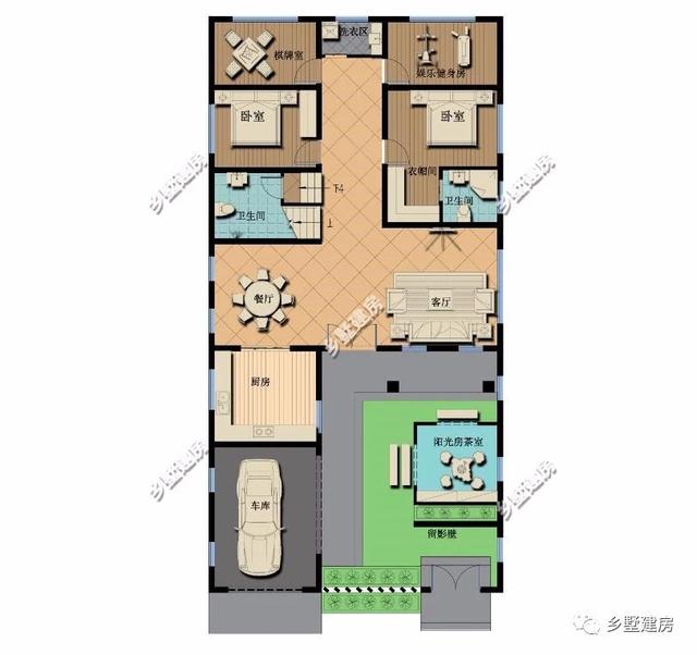 360平農(nóng)村四合院別墅設(shè)計圖，黛瓦白墻，簡約大方，還有陽光房+健身房