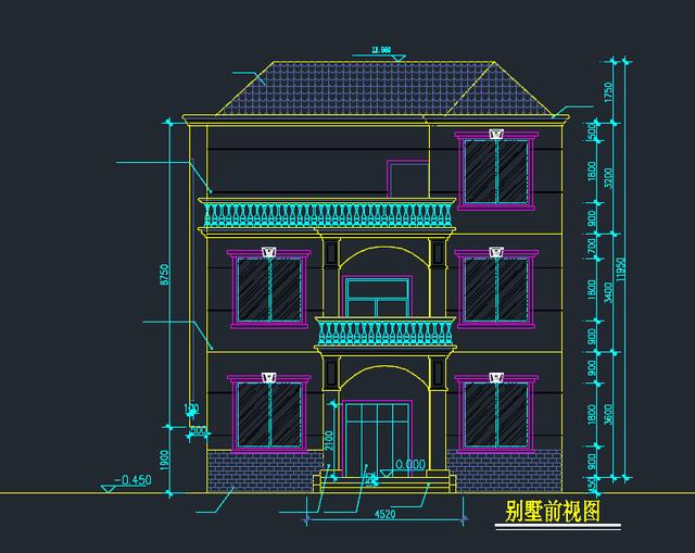 三層自建房帶羅馬柱，外觀造型簡潔大方，色彩明快