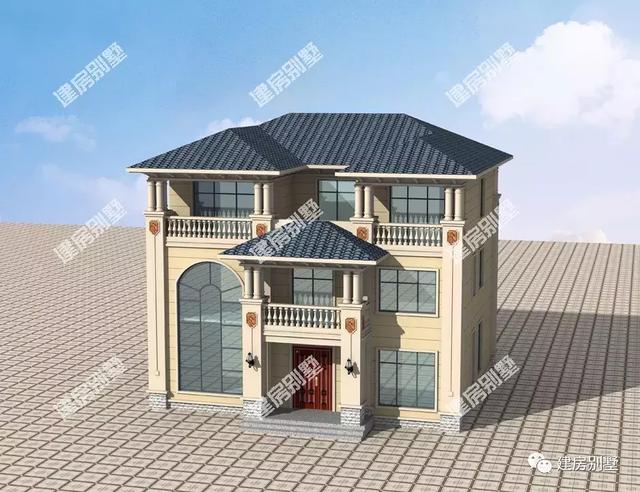 13×12.9米三層農(nóng)村別墅設(shè)計(jì)圖，雙涼亭搭配露臺(tái)，外觀豪華大氣