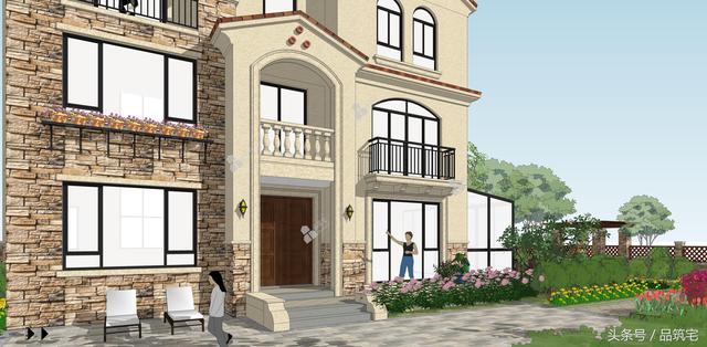 12X10三層西班牙風(fēng)格別墅圖，戶型方正、緊湊實用，有露臺有陽光房有院子，一家共享天倫~