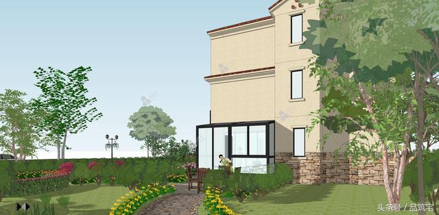 12X10三層西班牙風(fēng)格別墅圖，戶型方正、緊湊實用，有露臺有陽光房有院子，一家共享天倫~