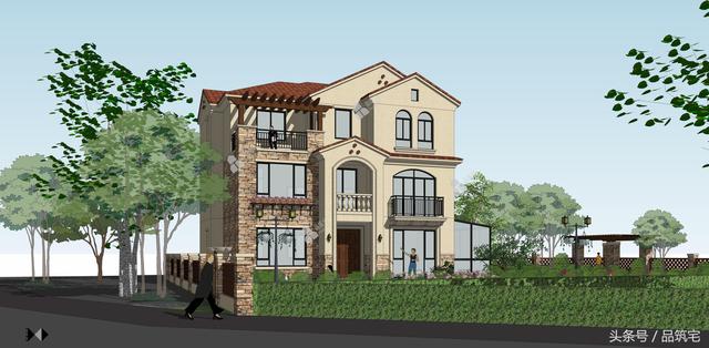 12X10三層西班牙風(fēng)格別墅圖，戶型方正、緊湊實用，有露臺有陽光房有院子，一家共享天倫~