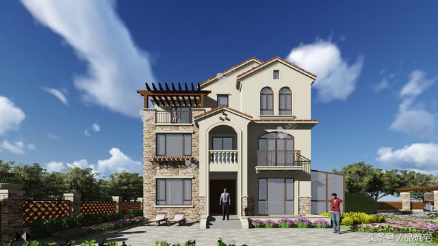 12X10三層西班牙風(fēng)格別墅圖，戶型方正、緊湊實用，有露臺有陽光房有院子，一家共享天倫~