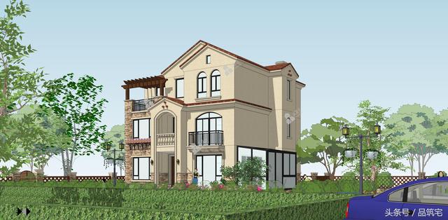 12X10三層西班牙風(fēng)格別墅圖，戶型方正、緊湊實用，有露臺有陽光房有院子，一家共享天倫~