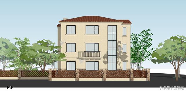 12X10三層西班牙風(fēng)格別墅圖，戶型方正、緊湊實用，有露臺有陽光房有院子，一家共享天倫~