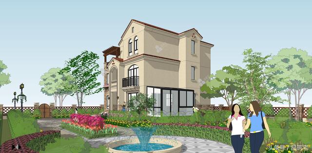 12X10三層西班牙風(fēng)格別墅圖，戶型方正、緊湊實用，有露臺有陽光房有院子，一家共享天倫~