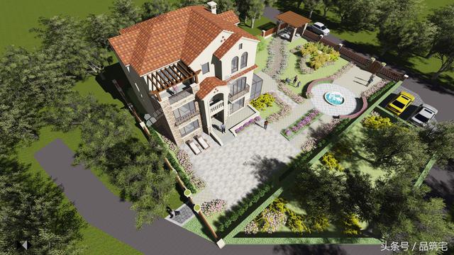 12X10三層西班牙風(fēng)格別墅圖，戶型方正、緊湊實用，有露臺有陽光房有院子，一家共享天倫~